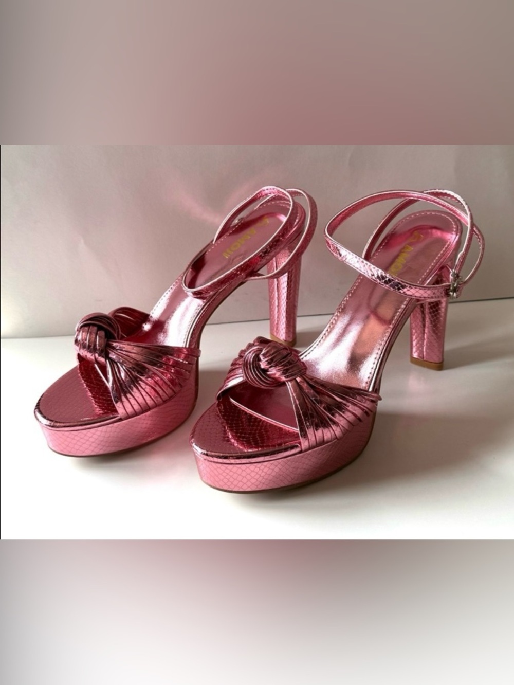 Metallic Pink Platform High Heel Shoes with Ankle Straps Women's Size 8.5